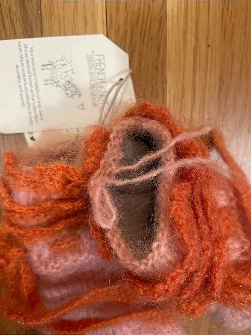NEW French Knot Handknit Pink & Orange Mohair Handwarmer Gloves with Bow Detail
